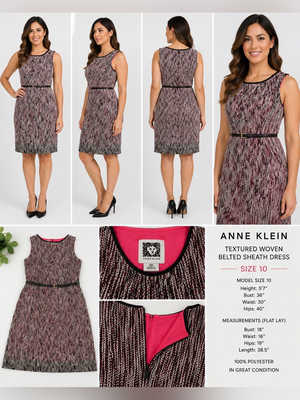 Anne Klein Textured Woven Belted Sheath Dress – Size 10